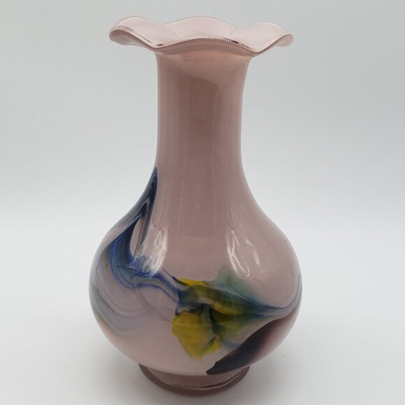 Satin Pink or Violet Multicoloured Swirls Spots Crimped Top Art Glass Vase - Picture 5 of 6